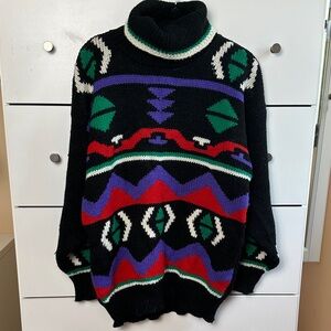 90s Vintage Black Turtleneck Sweater with Geometric Patterns